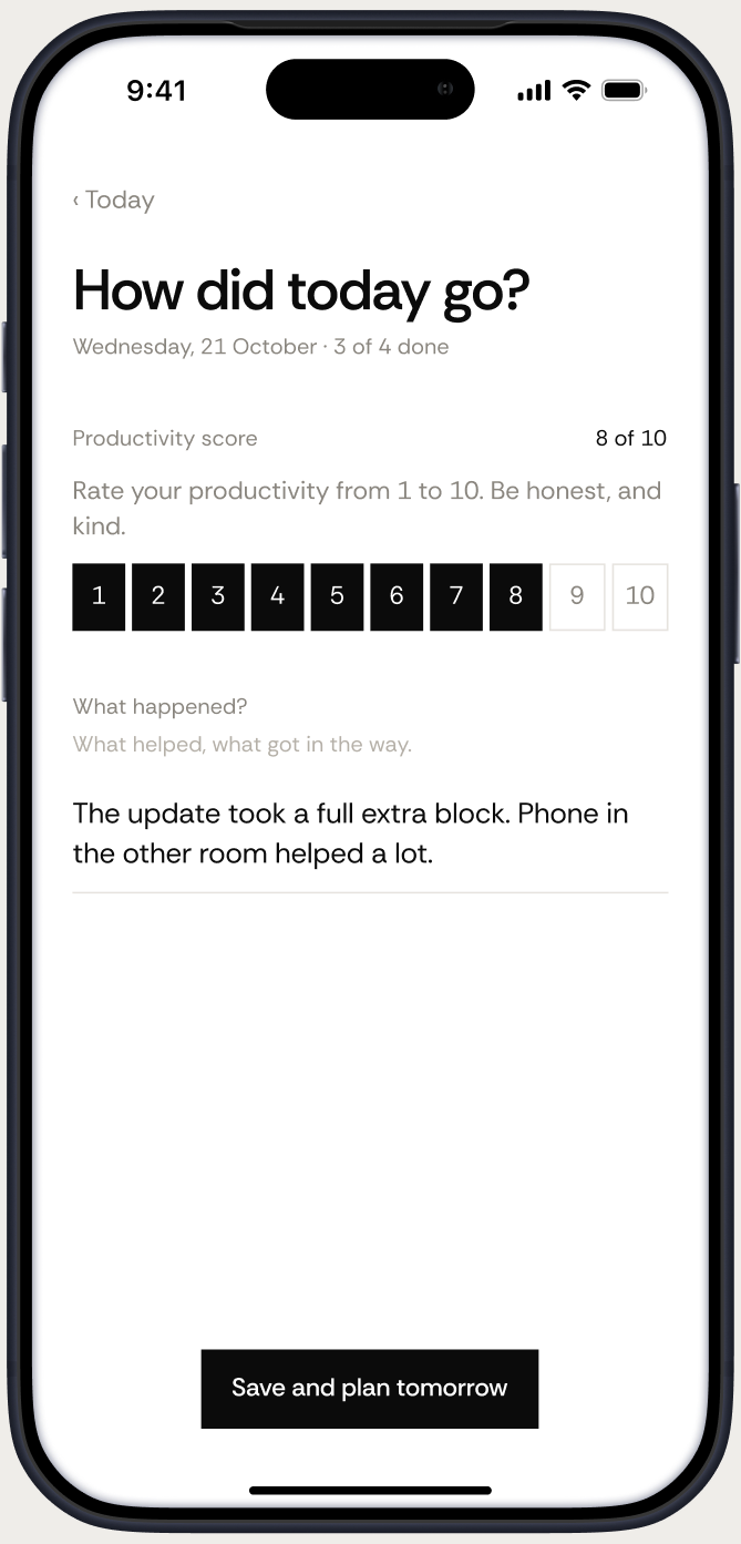 How did today go: a productivity score of 8 out of 10 and a note on what happened.